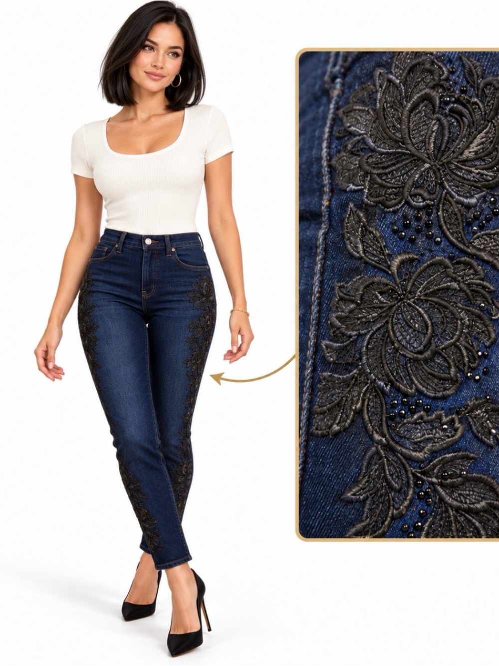 White House Black Market Floral Lace Embroidered Slim Jeans 8R Dark Wash